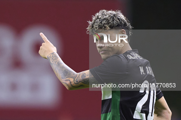 Maxi Araujo of Sporting CP reacts during the Liga Portugal Betclic match between SC Braga and Sporting CP at Estadio Municipal de Braga in B...