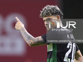 Maxi Araujo of Sporting CP reacts during the Liga Portugal Betclic match between SC Braga and Sporting CP at Estadio Municipal de Braga in B...