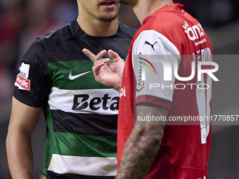 Maxi Araujo of Sporting CP and Joao Ferreira of SC Braga discuss during the Liga Portugal Betclic match between SC Braga and Sporting CP at...