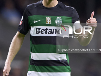 Morten Hjulmand of Sporting CP reacts during the Liga Portugal Betclic match between SC Braga and Sporting CP at Estadio Municipal de Braga...