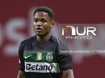 Geny Catamo of Sporting CP looks on during the Liga Portugal Betclic match between SC Braga and Sporting CP at Estadio Municipal de Braga in...