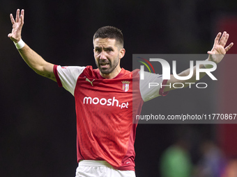 Joao Moutinho of SC Braga reacts during the Liga Portugal Betclic match between SC Braga and Sporting CP at Estadio Municipal de Braga in Br...