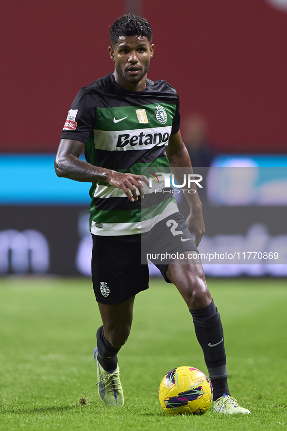 Matheus Reis of Sporting CP is in action during the Liga Portugal Betclic match between SC Braga and Sporting CP at Estadio Municipal de Bra...