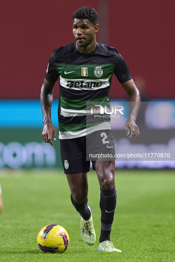 Matheus Reis of Sporting CP is in action during the Liga Portugal Betclic match between SC Braga and Sporting CP at Estadio Municipal de Bra...