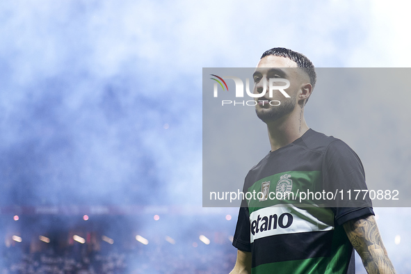 Zeno Debast of Sporting CP looks on during the Liga Portugal Betclic match between SC Braga and Sporting CP at Estadio Municipal de Braga in...