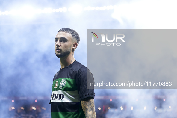 Zeno Debast of Sporting CP looks on during the Liga Portugal Betclic match between SC Braga and Sporting CP at Estadio Municipal de Braga in...