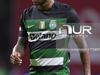 Matheus Reis of Sporting CP looks on during the Liga Portugal Betclic match between SC Braga and Sporting CP at Estadio Municipal de Braga i...