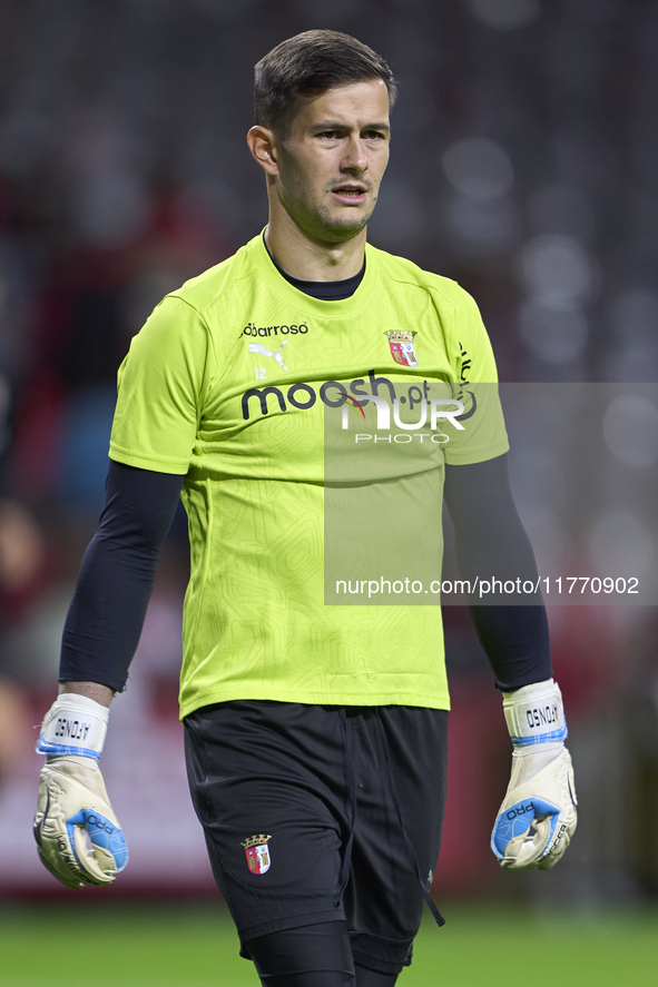 Tiago Sa of SC Braga warms up before the Liga Portugal Betclic match between SC Braga and Sporting CP at Estadio Municipal de Braga in Braga...