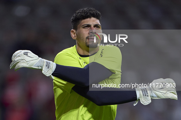 Matheus Lima Magalhaes of SC Braga warms up before the Liga Portugal Betclic match between SC Braga and Sporting CP at Estadio Municipal de...