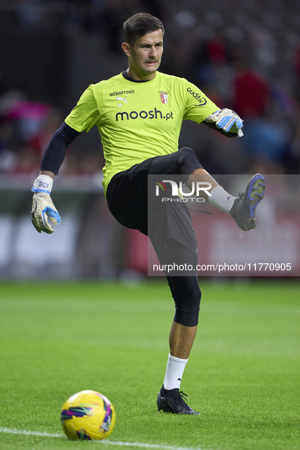 Tiago Sa of SC Braga warms up before the Liga Portugal Betclic match between SC Braga and Sporting CP at Estadio Municipal de Braga in Braga...