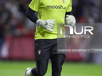 Matheus Lima Magalhaes of SC Braga warms up before the Liga Portugal Betclic match between SC Braga and Sporting CP at Estadio Municipal de...