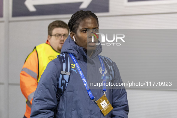 Khadija Shaw #21 of Manchester City W.F.C. arrives at the Joie Stadium during the UEFA Champions League Group D match between Manchester Cit...