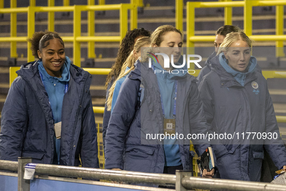 Manchester City arrives at the Joie Stadium during the UEFA Champions League Group D match between Manchester City and Hammarby at the Joie...