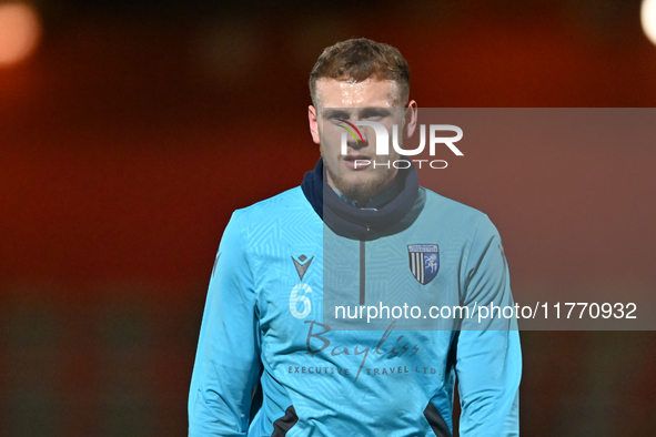 Ethan Coleman (6 Gillingham) warms up during the EFL Trophy match between Stevenage and Gillingham at the Lamex Stadium in Stevenage, Englan...