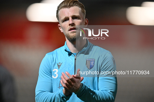 Max Clark (3 Gillingham) warms up during the EFL Trophy match between Stevenage and Gillingham at the Lamex Stadium in Stevenage, England, o...