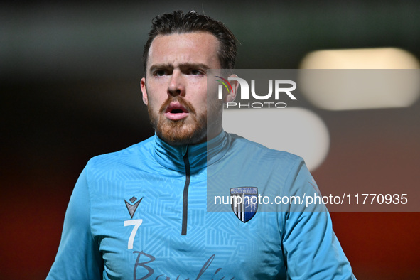 Jack Nolan (7 Gillingham) warms up during the EFL Trophy match between Stevenage and Gillingham at the Lamex Stadium in Stevenage, England,...