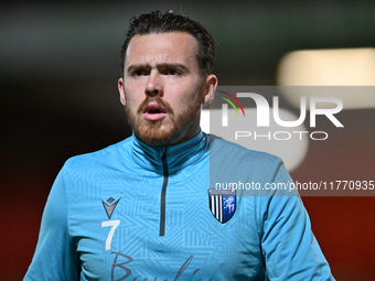 Jack Nolan (7 Gillingham) warms up during the EFL Trophy match between Stevenage and Gillingham at the Lamex Stadium in Stevenage, England,...