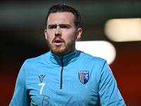 Jack Nolan (7 Gillingham) warms up during the EFL Trophy match between Stevenage and Gillingham at the Lamex Stadium in Stevenage, England,...