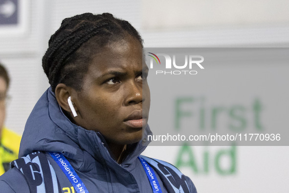 Khadija Shaw #21 of Manchester City W.F.C. arrives at the Joie Stadium during the UEFA Champions League Group D match between Manchester Cit...