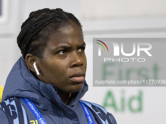 Khadija Shaw #21 of Manchester City W.F.C. arrives at the Joie Stadium during the UEFA Champions League Group D match between Manchester Cit...