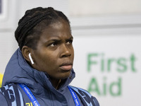 Khadija Shaw #21 of Manchester City W.F.C. arrives at the Joie Stadium during the UEFA Champions League Group D match between Manchester Cit...