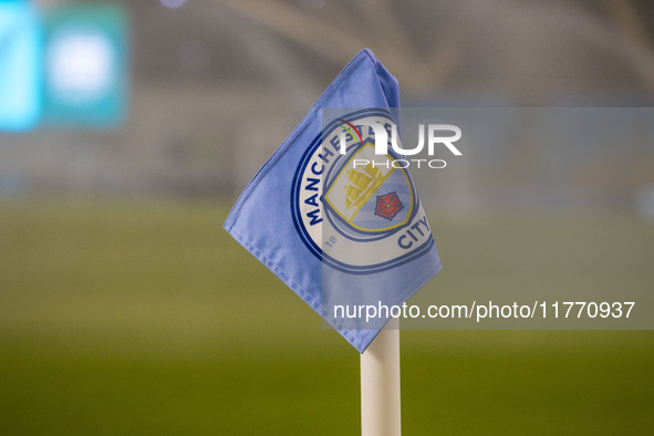 A Manchester City corner flag is present during the UEFA Champions League Group D match between Manchester City and Hammarby at the Joie Sta...