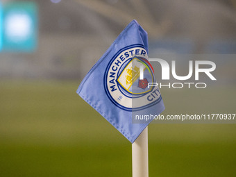 A Manchester City corner flag is present during the UEFA Champions League Group D match between Manchester City and Hammarby at the Joie Sta...