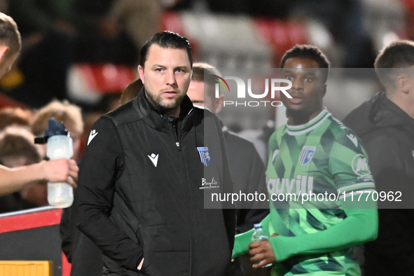 Manager Mark Bonner of Gillingham looks on during the EFL Trophy match between Stevenage and Gillingham at the Lamex Stadium in Stevenage, E...