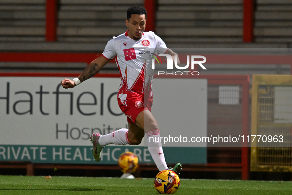 Elliot List (17 Stevenage) controls the ball during the EFL Trophy match between Stevenage and Gillingham at the Lamex Stadium in Stevenage,...