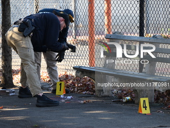 Evidence markers indicate where blood and other evidence is found after a 21-year-old man is fatally stabbed at Steuben Park in Brooklyn, Ne...