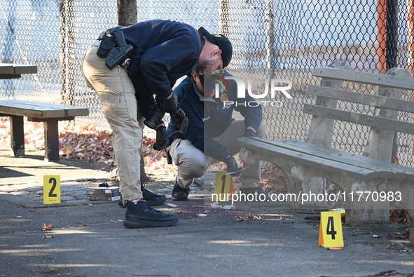 Evidence markers indicate where blood and other evidence is found after a 21-year-old man is fatally stabbed at Steuben Park in Brooklyn, Ne...