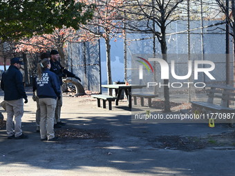 Evidence markers indicate where blood and other evidence is found after a 21-year-old man is fatally stabbed at Steuben Park in Brooklyn, Ne...