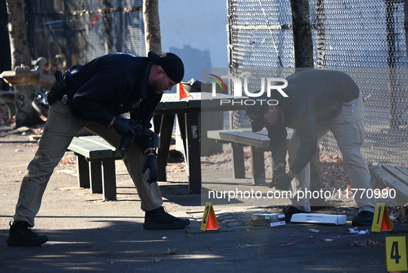 Evidence markers indicate where blood and other evidence is found after a 21-year-old man is fatally stabbed at Steuben Park in Brooklyn, Ne...