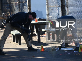 Evidence markers indicate where blood and other evidence is found after a 21-year-old man is fatally stabbed at Steuben Park in Brooklyn, Ne...