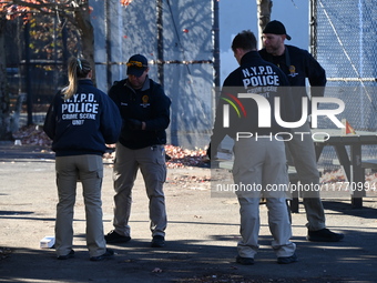 Evidence markers indicate where blood and other evidence is found after a 21-year-old man is fatally stabbed at Steuben Park in Brooklyn, Ne...