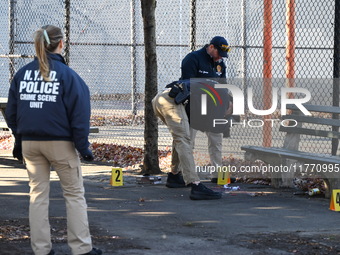 Evidence markers indicate where blood and other evidence is found after a 21-year-old man is fatally stabbed at Steuben Park in Brooklyn, Ne...