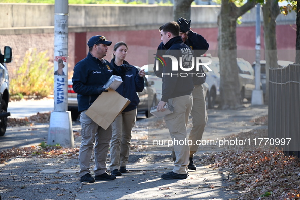 Evidence markers indicate where blood and other evidence is found after a 21-year-old man is fatally stabbed at Steuben Park in Brooklyn, Ne...