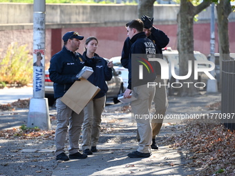 Evidence markers indicate where blood and other evidence is found after a 21-year-old man is fatally stabbed at Steuben Park in Brooklyn, Ne...