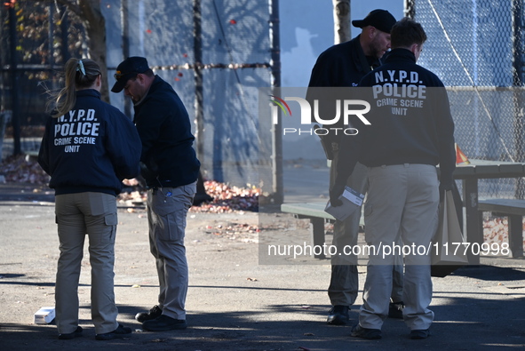 Evidence markers indicate where blood and other evidence is found after a 21-year-old man is fatally stabbed at Steuben Park in Brooklyn, Ne...