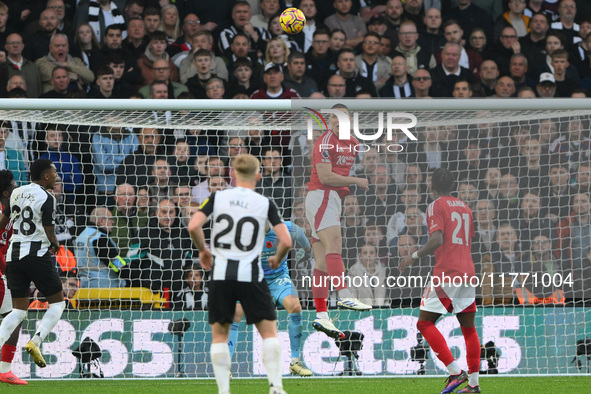 Nikola Milenkovic of Nottingham Forest heads the ball clear during the Premier League match between Nottingham Forest and Newcastle United a...