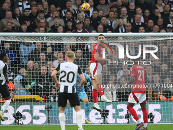 Nikola Milenkovic of Nottingham Forest heads the ball clear during the Premier League match between Nottingham Forest and Newcastle United a...