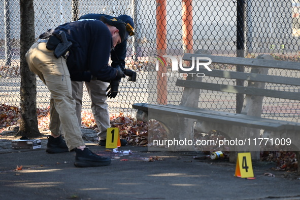 Evidence markers indicate where blood and other evidence is found after a 21-year-old man is fatally stabbed at Steuben Park in Brooklyn, Ne...