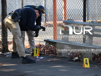 Evidence markers indicate where blood and other evidence is found after a 21-year-old man is fatally stabbed at Steuben Park in Brooklyn, Ne...