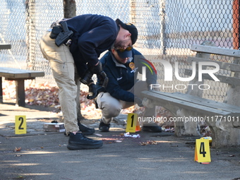 Evidence markers indicate where blood and other evidence is found after a 21-year-old man is fatally stabbed at Steuben Park in Brooklyn, Ne...