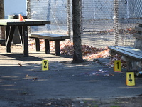 Evidence markers indicate where blood and other evidence is found after a 21-year-old man is fatally stabbed at Steuben Park in Brooklyn, Ne...