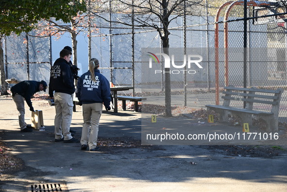 Evidence markers indicate where blood and other evidence is found after a 21-year-old man is fatally stabbed at Steuben Park in Brooklyn, Ne...