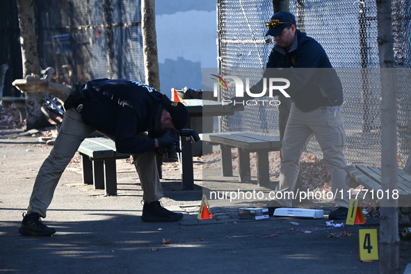 Evidence markers indicate where blood and other evidence is found after a 21-year-old man is fatally stabbed at Steuben Park in Brooklyn, Ne...