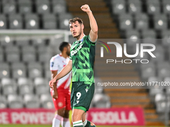 Josh Andrews (9 Gillingham) celebrates after scoring the team's first goal, making it 0-1, during the EFL Trophy match between Stevenage and...