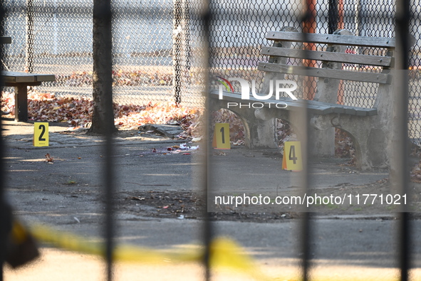 Evidence markers indicate where blood and other evidence is found after a 21-year-old man is fatally stabbed at Steuben Park in Brooklyn, Ne...