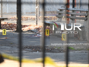 Evidence markers indicate where blood and other evidence is found after a 21-year-old man is fatally stabbed at Steuben Park in Brooklyn, Ne...